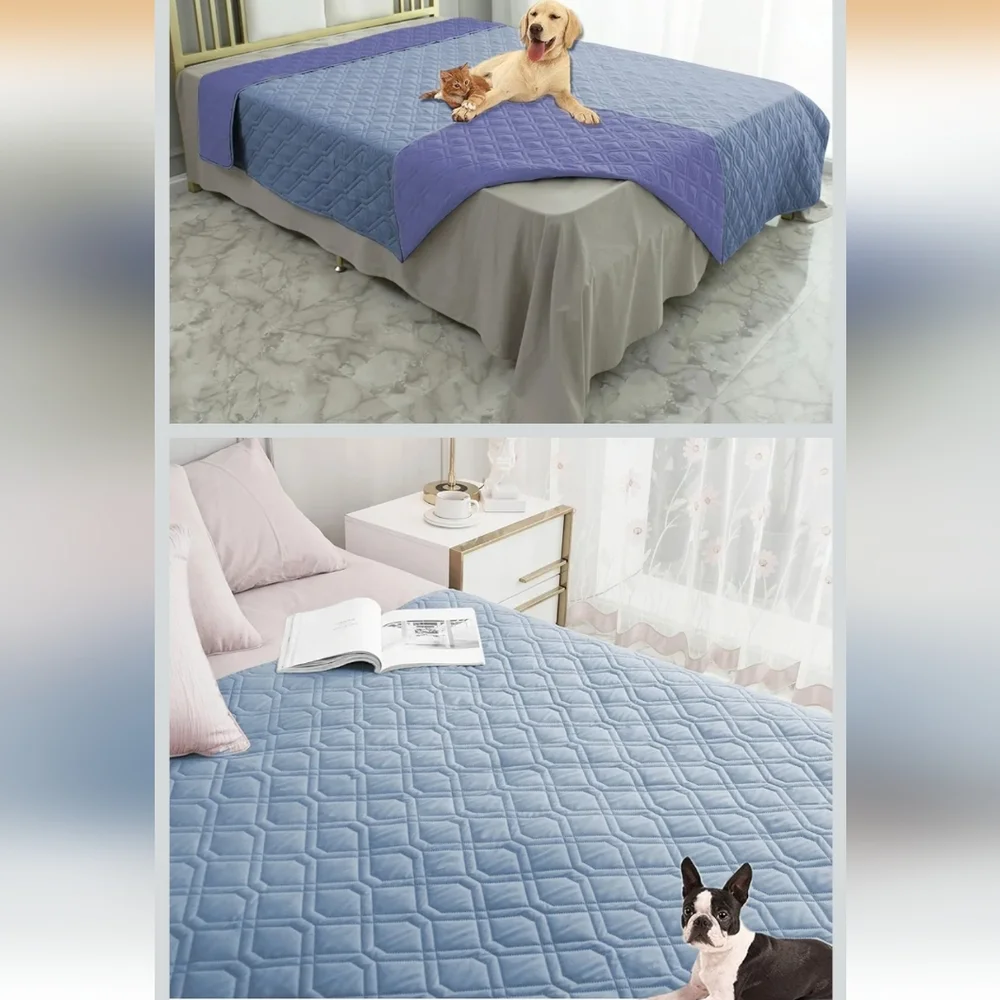 Reversible Blue Pet-Friendly Quilted Bed Cover